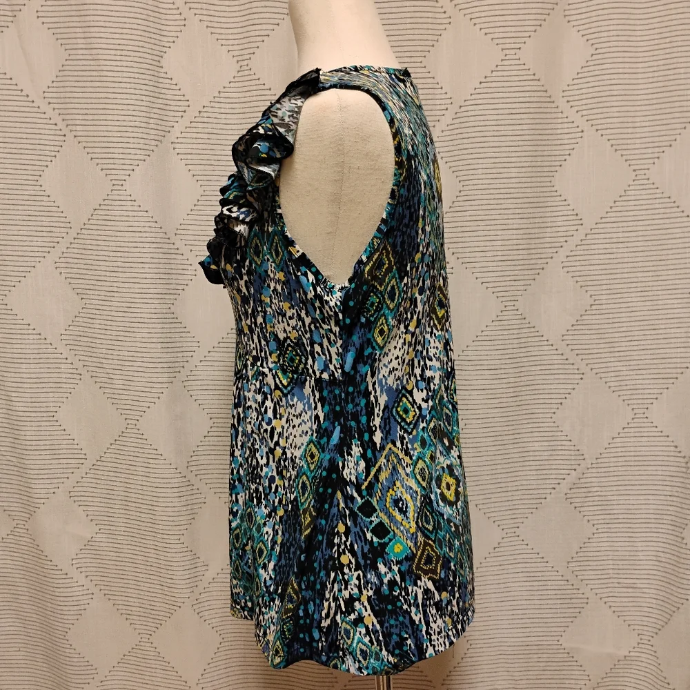 Susan Lawrence Women's Blue Patterned Ruffle Top V neck Blouse Size Medium - Picture 3 of 7